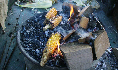 どこかの製材所で発生した廃材と推察される「木」を燃料にトウモロコシを直火焼き。煙いけど、焚き火に焼かれたトウモロコシの香りに引き寄せられてしまう